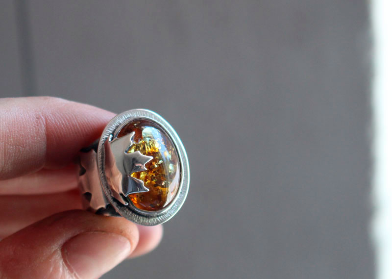 Amber leaf, maple leaf ring in silver and amber