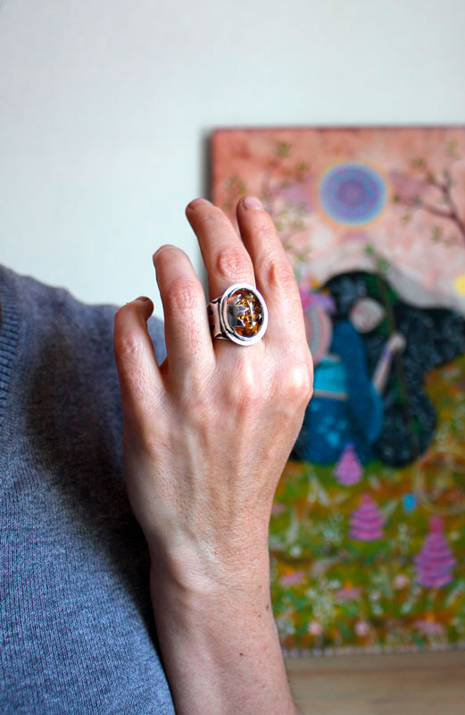 Amber leaf, maple leaf ring in silver and amber