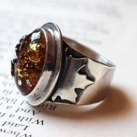 Amber leaf, maple leaf ring in silver and amber