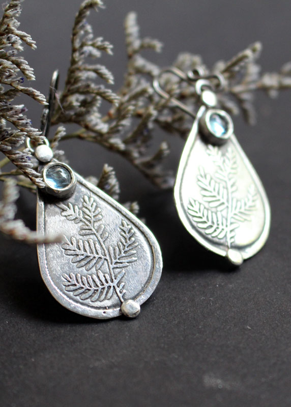 Athena's olive tree, olive branch earrings in sterling silver and blue zircon