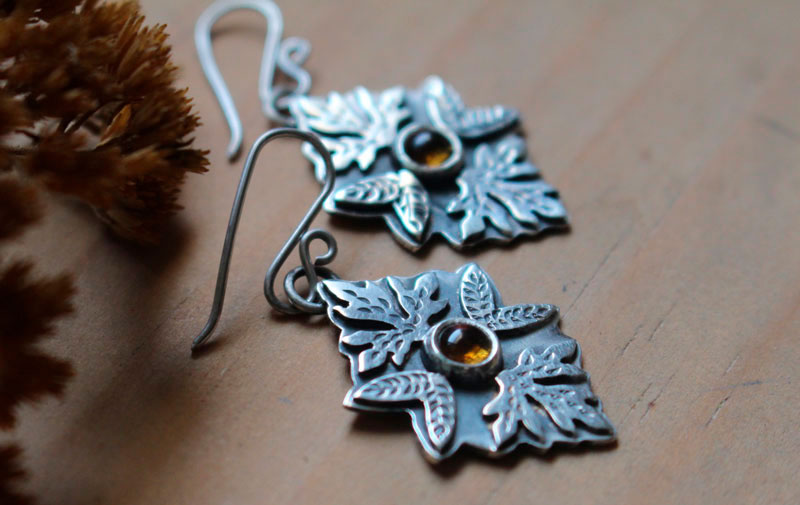 Autumn, leaf earrings in sterling silver and citrine