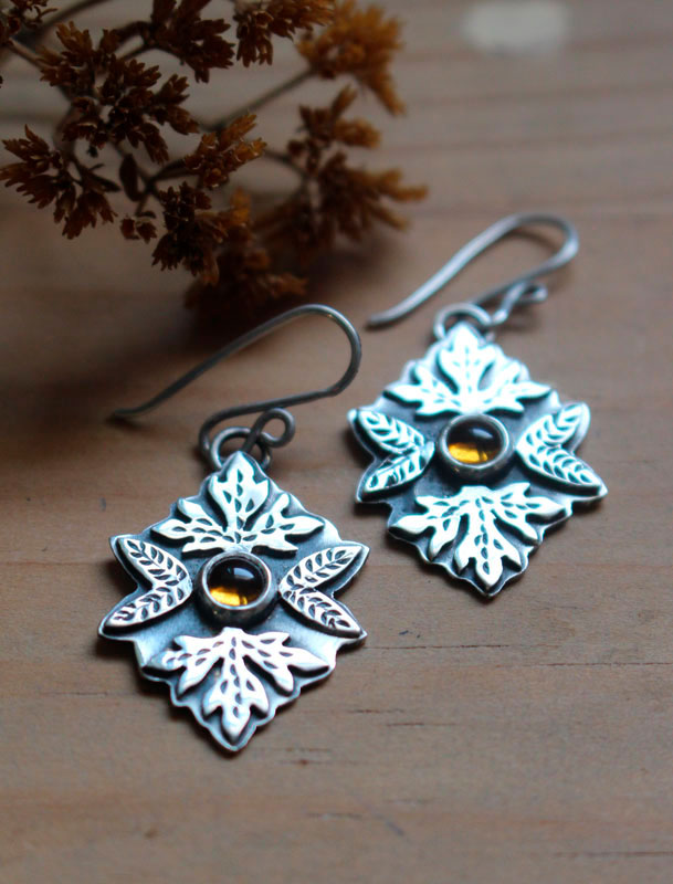 Autumn, leaf earrings in sterling silver and citrine
