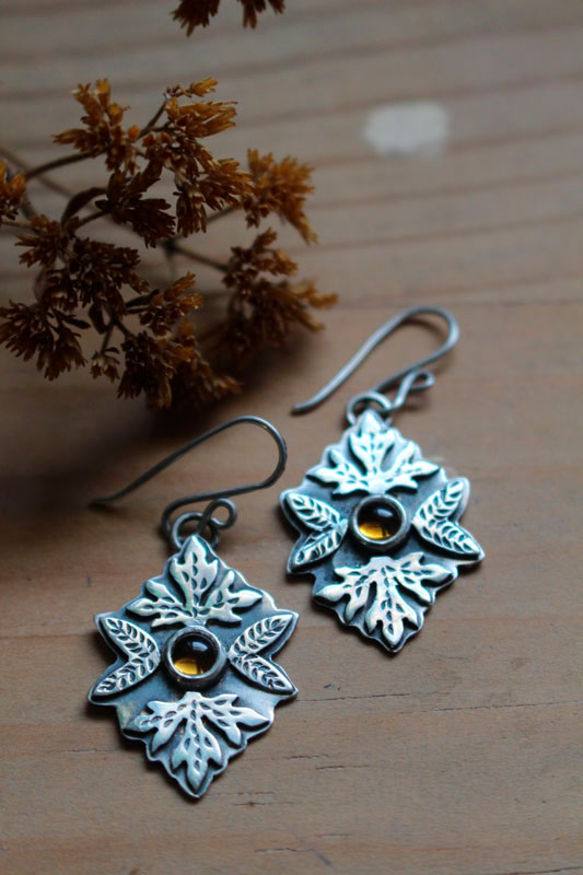 Autumn, leaf earrings in sterling silver and citrine