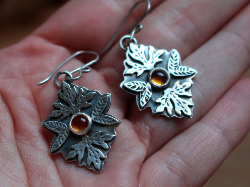 Autumn, leaf earrings in sterling silver and citrine