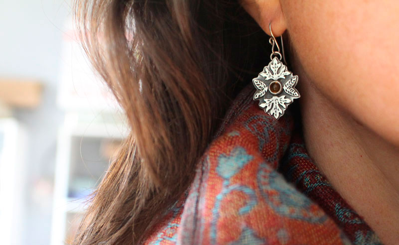 Autumn, leaf earrings in sterling silver and citrine