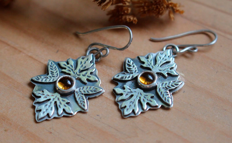 Autumn, leaf earrings in sterling silver and citrine