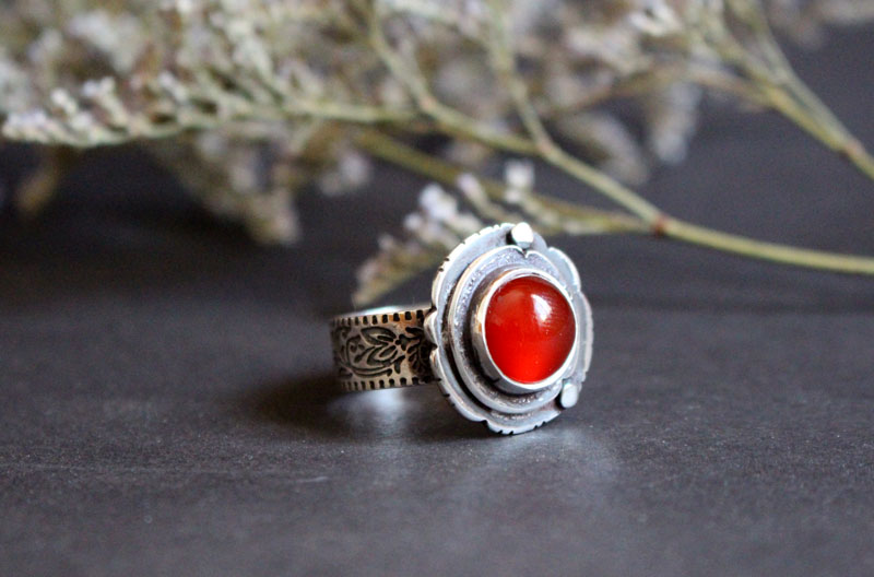 Autumn Eglantine, flower and fruit ring in sterling silver and carnelian