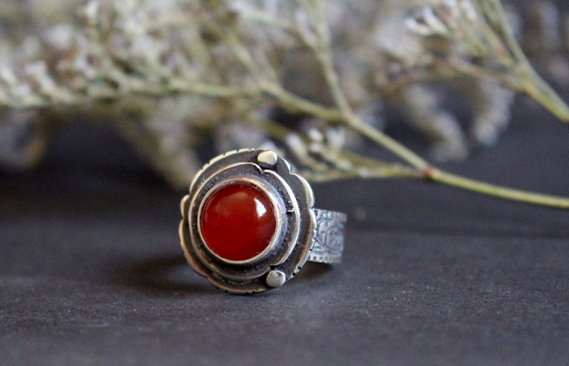 Autumn Eglantine, flower and fruit ring in sterling silver and carnelian