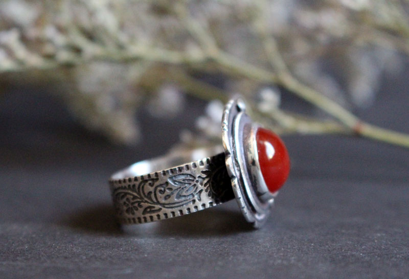 Autumn Eglantine, flower and fruit ring in sterling silver and carnelian