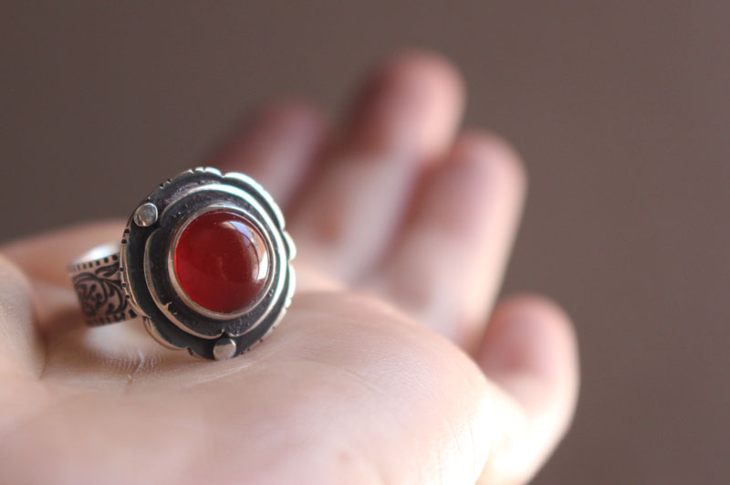 Autumn Eglantine, flower and fruit ring in sterling silver and carnelian