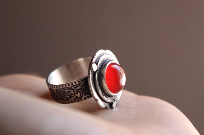 Autumn Eglantine, flower and fruit ring in sterling silver and carnelian