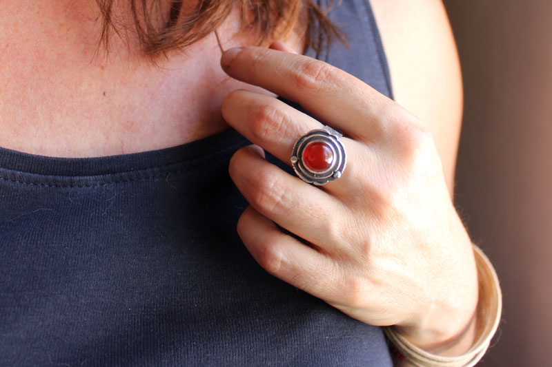 Autumn Eglantine, flower and fruit ring in sterling silver and carnelian