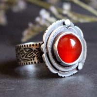 Autumn Eglantine, flower and fruit ring in sterling silver and carnelian