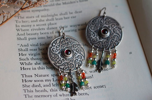 Autumn leaves swirl, mandala leaf earrings in sterling silver, garnet and carnelian