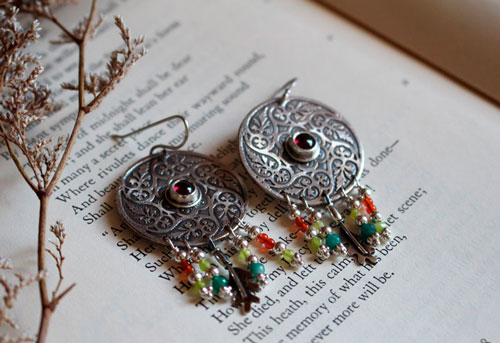 Autumn leaves swirl, mandala leaf earrings in sterling silver, garnet and carnelian