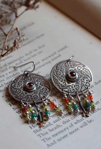 Autumn leaves swirl, mandala leaf earrings in silver, garnet and carnelian