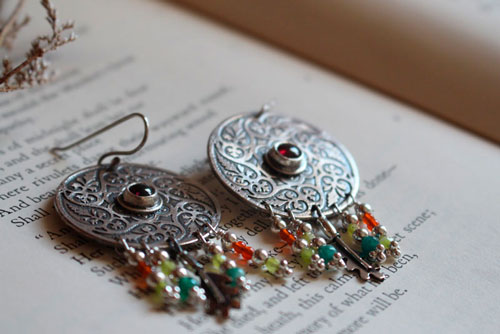 Autumn leaves swirl, mandala leaf earrings in sterling silver, garnet and carnelian