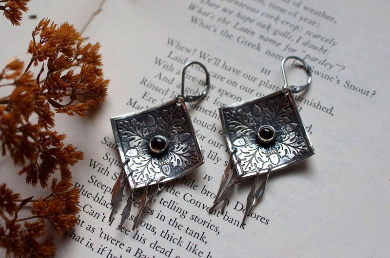 Autumn oak, leaf and acorn square earrings in silver and quartz