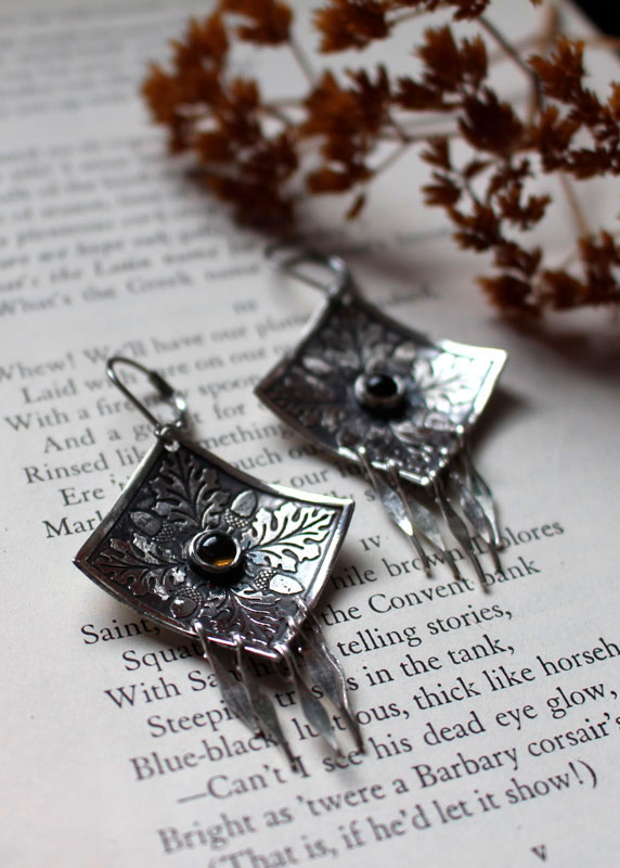 Autumn oak, leaf and acorn square earrings in silver and quartz