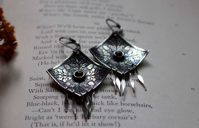 Autumn oak, leaf and acorn square earrings in silver and quartz