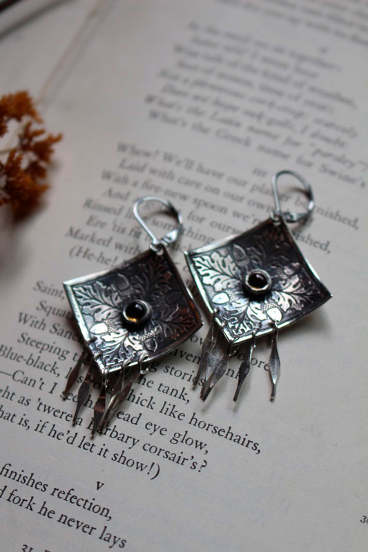 Autumn oak, leaf and acorn square earrings in silver and quartz