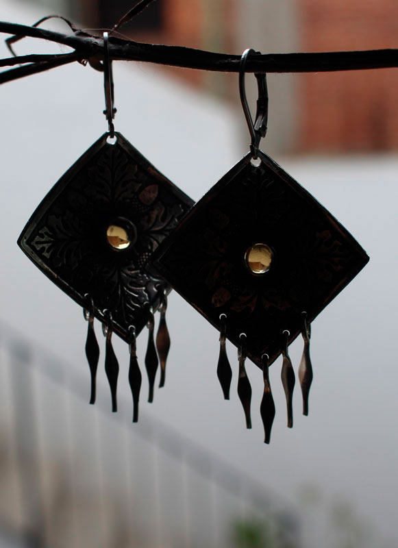 Autumn oak, leaf and acorn square earrings in silver and quartz