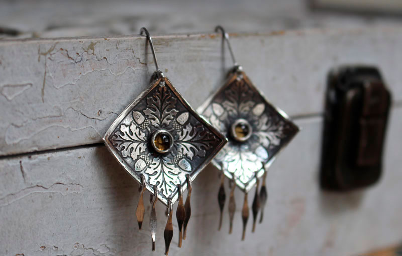 Autumn oak, leaf and acorn square earrings in silver and quartz