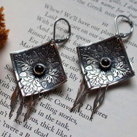 Autumn oak, leaf and acorn square earrings in silver and quartz