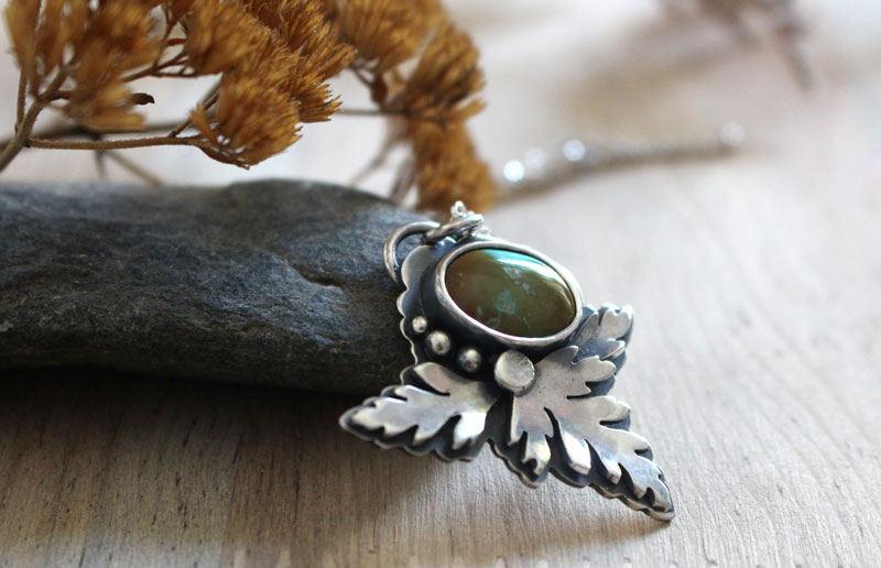 Bark leaf, botanical necklace in sterling silver and turquoise