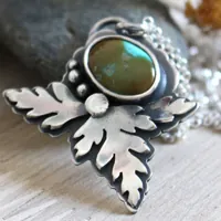 Bark leaf, botanical necklace in sterling silver and turquoise