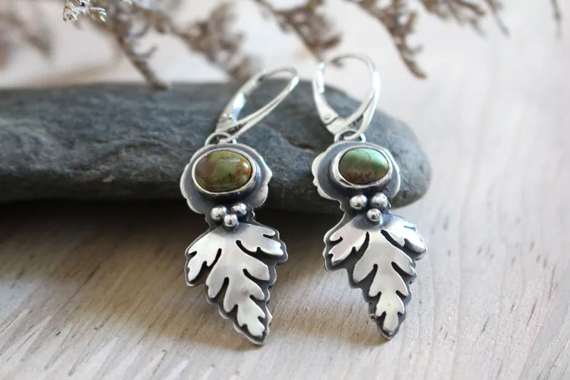 Bark leaves, Celtic botanical earrings in silver and turquoise