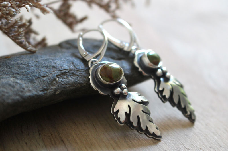 Bark leaves, Celtic botanical earrings in silver and turquoise
