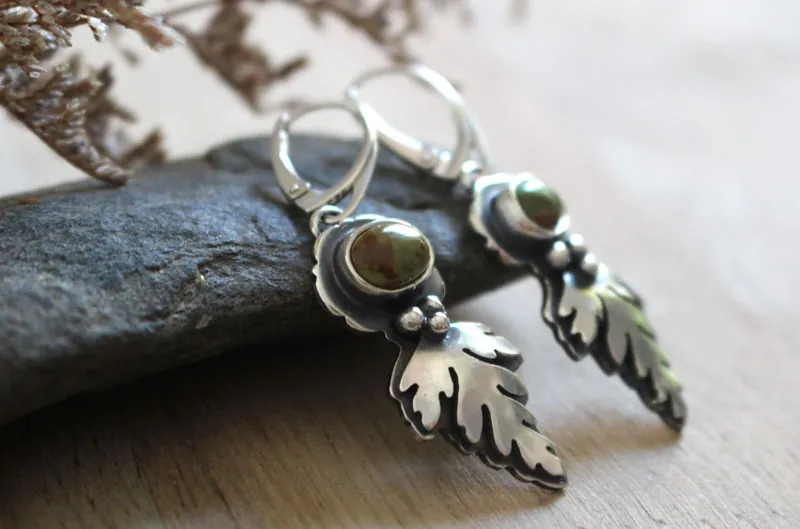 Bark leaves, Celtic botanical earrings in silver and turquoise