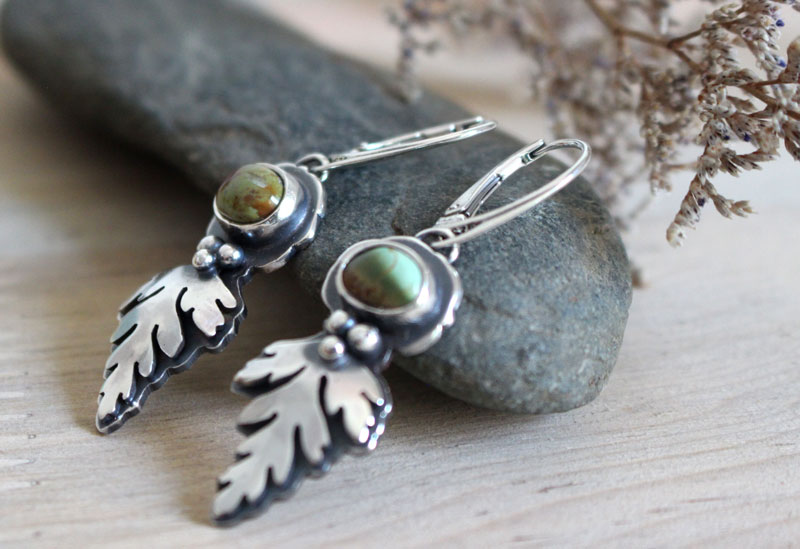 Bark leaves, Celtic botanical earrings in silver and turquoise
