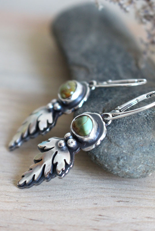 Bark leaves, Celtic botanical earrings in silver and turquoise