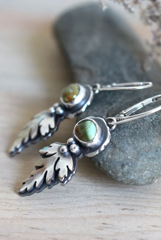 Bark leaves, Celtic botanical earrings in silver and turquoise