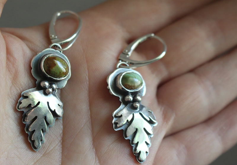 Bark leaves, Celtic botanical earrings in silver and turquoise