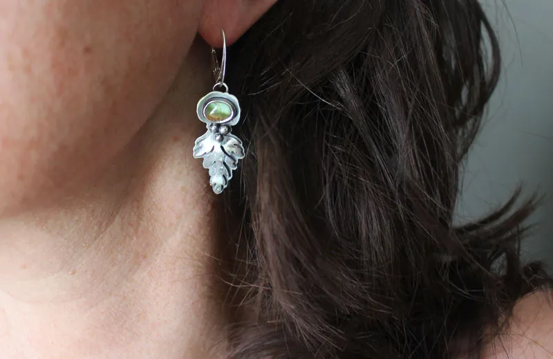 Bark leaves, Celtic botanical earrings in silver and turquoise