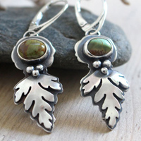 Bark leaves, Celtic botanical earrings in silver and turquoise