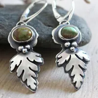 Bark leaves, Celtic botanical earrings in silver and turquoise