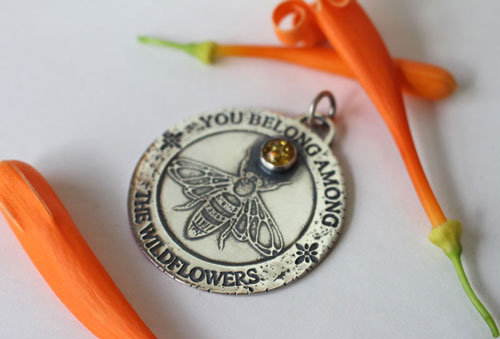 Bee, pollinator insect pendant in silver and amber