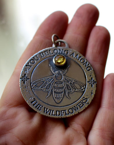 Bee, pollinator insect pendant in silver and amber