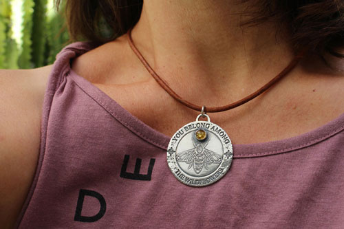 Bee, pollinator insect pendant in silver and amber