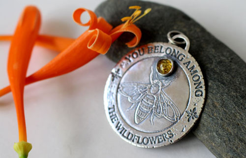 Bee, pollinator insect pendant in silver and amber