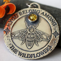 Bee, pollinator insect pendant in silver and amber