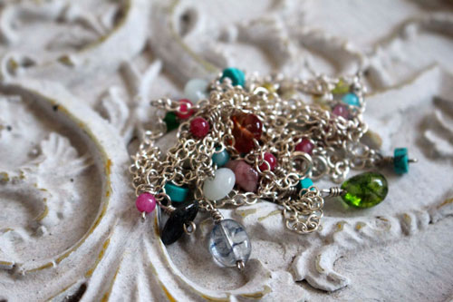 Berlingot, sweet softness necklace, anklet, and bracelet in silver with turquoise, amazonite, jade, quartz, pink tourmaline and green tourmaline