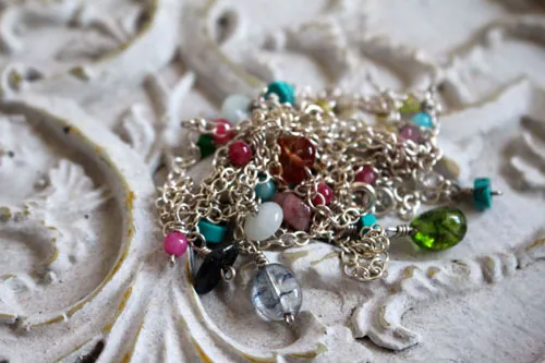 Berlingot, sweet softness necklace, anklet, and bracelet in silver, turquoise, amazonite, jade, quartz, pink tourmaline and green tourmaline