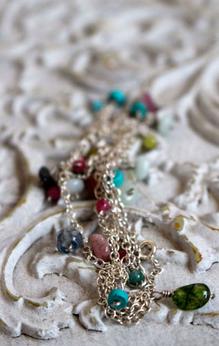 Berlingot, sweet softness necklace, anklet, and bracelet in silver with turquoise, amazonite, jade, quartz, pink tourmaline and green tourmaline