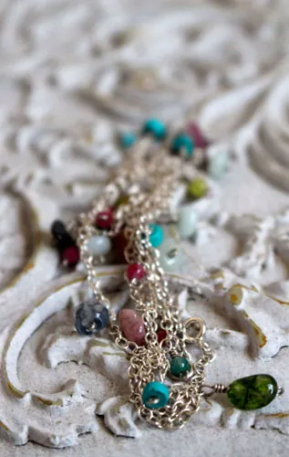 Berlingot, sweet softness necklace, anklet, and bracelet in silver, turquoise, amazonite, jade, quartz, pink tourmaline and green tourmaline