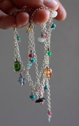 Berlingot, sweet softness necklace, anklet, and bracelet in silver with turquoise, amazonite, jade, quartz, pink tourmaline and green tourmaline